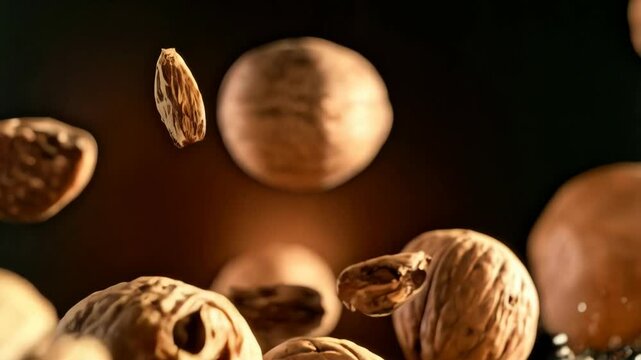Brown walnuts whole and shelled floating in a dark setting with illuminated shells and kernels, culinary ingredient, healthy snack, abstract food photography