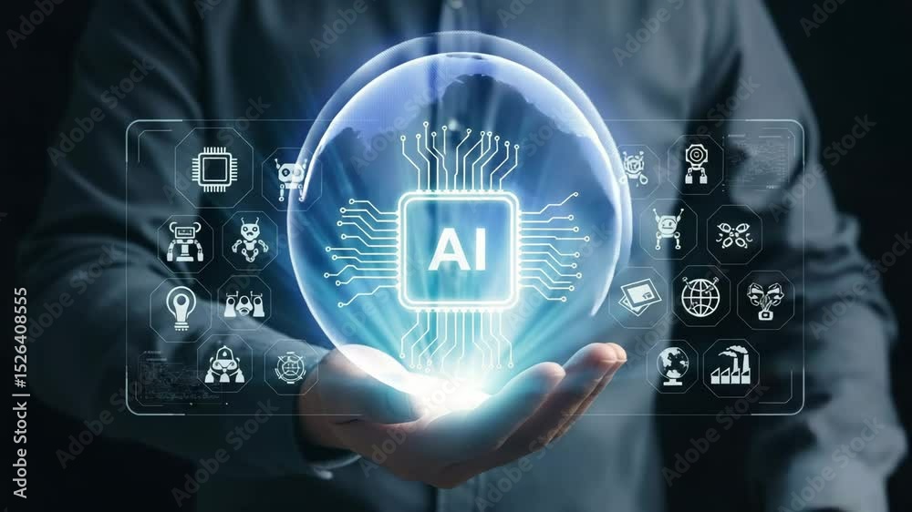 Poster person holding glowing ai chip with circuit board and various technology related icons around it