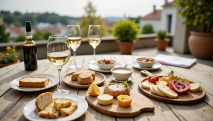 Exquisite culinary experience, a table setting with wine and delectable food elegant