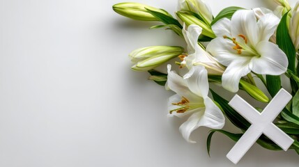 Obraz premium White Lilies and Cross on White Background Display