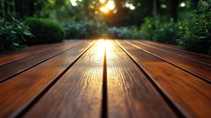 Wooden deck, sunset glow, garden setting
