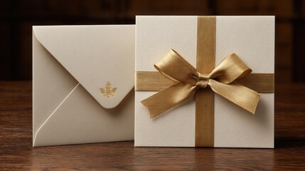 Elegant gift box and envelope set with gold ribbon, ideal for invitations