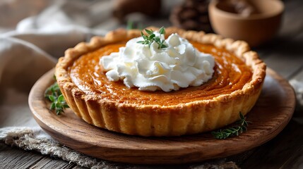 Homemade Pumpkin Pie Topped with Whipped Cream on a Wooden Plate