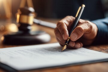 Mature male signing legal document with gavel in background.