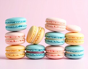 Colorful macarons stacked by hue on pastel background