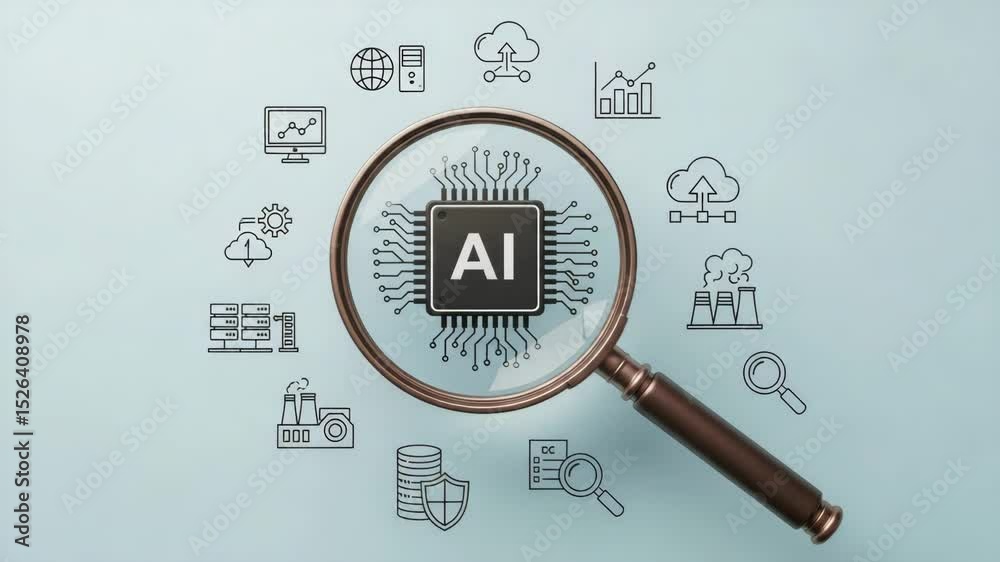 Poster ai chip under magnifying glass surrounded by technology icons on a light blue background image