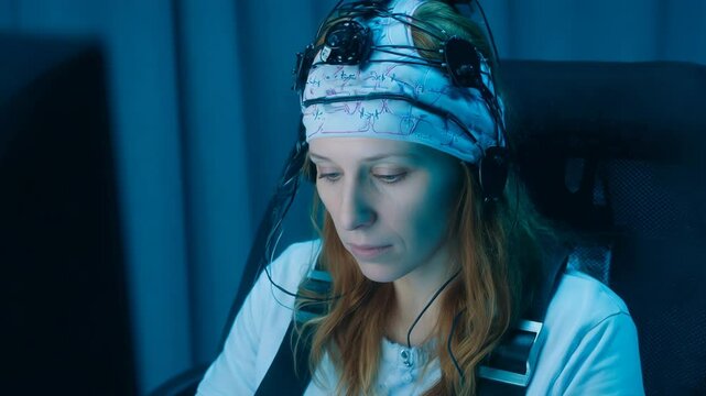 Woman wearing brain monitoring headset