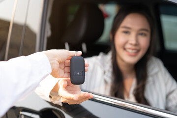 Business car rental, sell or buy service, dealership hand of agent dealer, sale young woman giving...