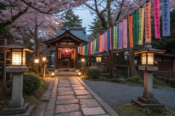 A traditional Japanese shrine during Tanabata, decorated with colorful paper strips on bamboo, surrounded by lanterns and blooming cherry blossoms, soft evening glow, stone path, no humans.

