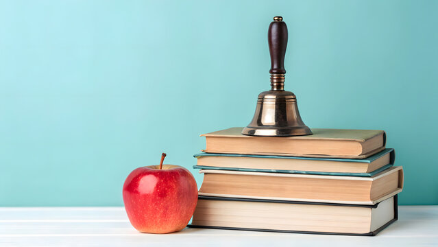 Books stacked with a bell and a red apple on a light blue background