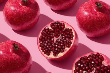 Fresh pomegranates arranged on a pink background, showcasing whole fruits and a halved pomegranate revealing juicy red seeds, vibrant colors and textures in a visually appealing composition
