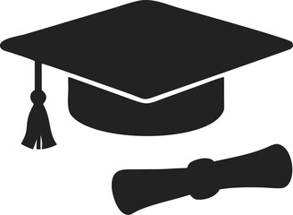 Black Graduation Cap with Tassel and Rolled Diploma Tied with Ribbon – Symbolic Academic Achievement Illustration for Graduation, Education Success, and Scholarly Milestones