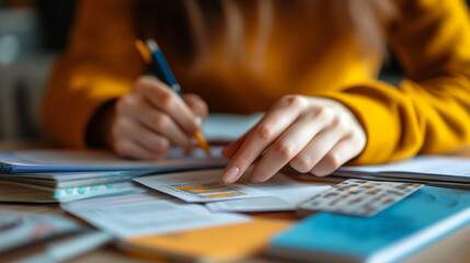 Close-up of hands flipping through flashcards on a study table