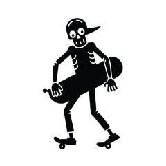 Skeleton Skateboarder Cartoon Black and White
