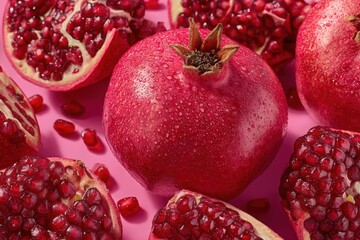 Fresh pomegranate fruit with droplets of water, surrounded by halved pieces revealing juicy red seeds, set against a vibrant pink background, showcasing natural beauty and freshness