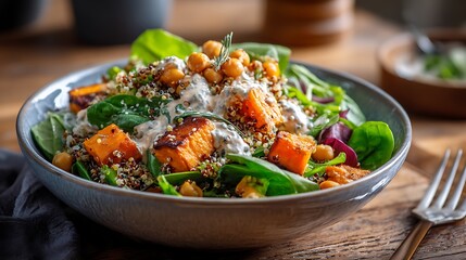 Quinoa Salad with Roasted Sweet Potatoes, Chickpeas, and Creamy Dressing