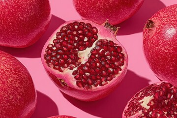 Fresh pomegranate fruit, cut in half to reveal juicy red seeds, surrounded by whole pomegranates on a vibrant pink background, showcasing natural beauty and healthy eating