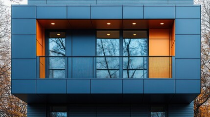 Modern apartment building facade with orange balcony
