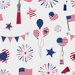 Seamless pattern with American flags, balloons, garlands, stars, hearts, and diverse hands holding flags and a megaphone, perfect for celebrating Independence Day with unity and joy.