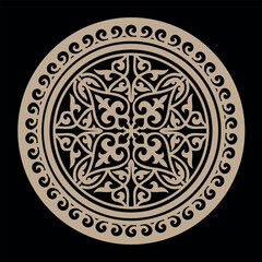 Vector gold ornament in Kazakh style isolated on white background. Nomadic ornament. Ornamental element, Kazakh, Kyrgyz, Uzbek motif. Ethnic decorative element. For decoration of clothes, yurt. Circle
