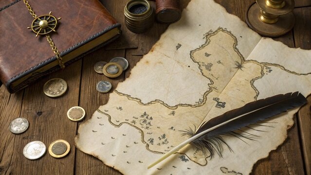 Faded Treasure Map with Candle Drip Marks and Leather Bound Journal on Table Hinting at Forgotten Expedition