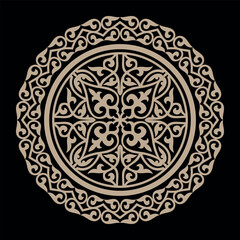 
Traditional classic gold ornament in Kazakh style isolated on white background. Oriental vector pattern. Round decor of the national pattern ancient nomad. For decoration of clothes, yurts, ceramics 