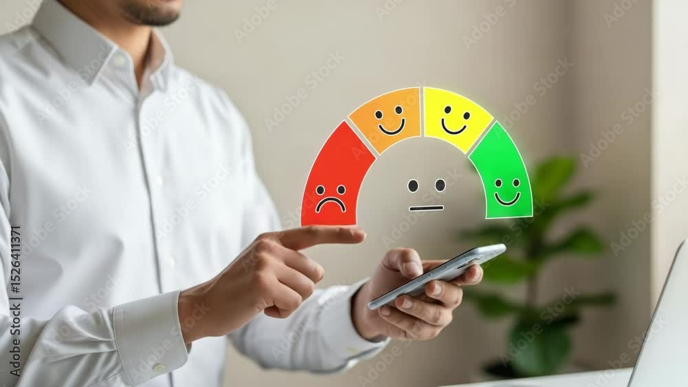 Poster A man in a white shirt is using a phone with a satisfaction meter overlayed on the image in front