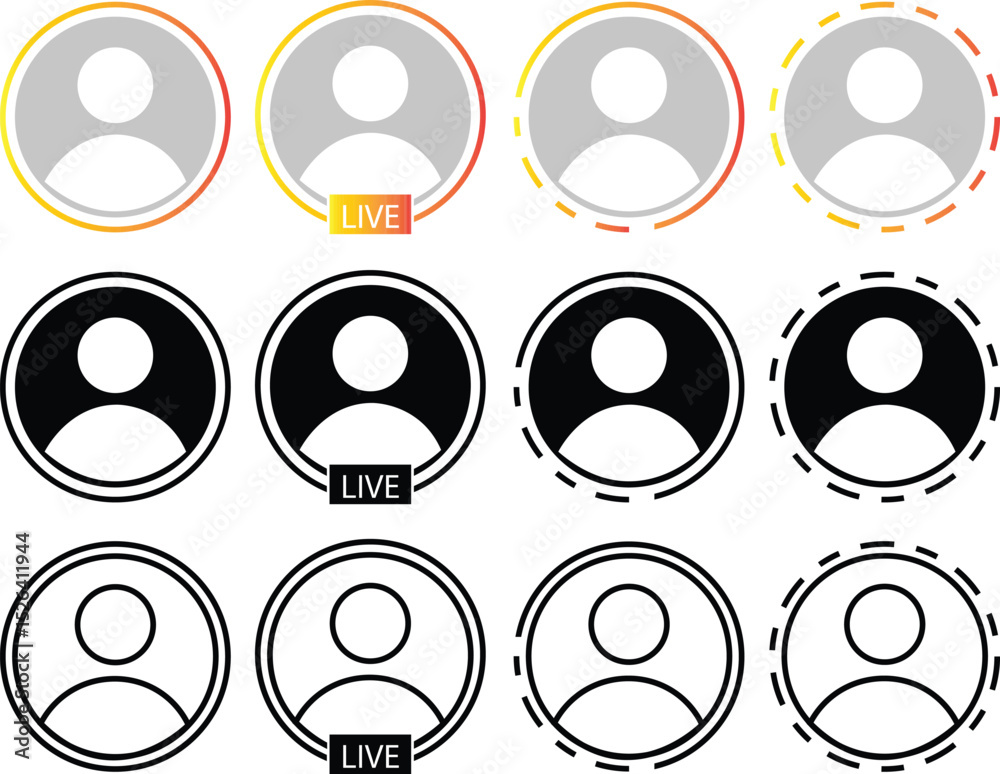 Poster set of story with user profile avatar icons buttons flat and line styles. live video streaming frame