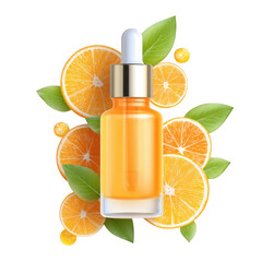 Bright orange serum bottle surrounded by fresh orange slices and green leaves, symbolizing vitality and skincare benefits. This vibrant composition highlights essence of antioxidant rich skincare