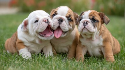 Obraz premium Three Adorable Bulldog Puppies Enjoying Sunny Day Outdoors