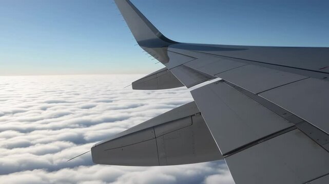 Airplane wing gliding smoothly above expansive white cloud layers, revealing serene aerial landscape capturing essence of travel and journey through boundless skies
