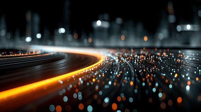 Abstract glowing light streak with blurred city background suggesting speed or connection.