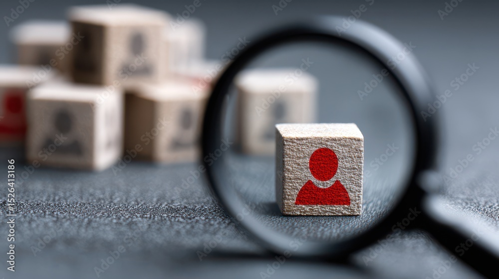 Fototapete focus on wooden block with red person icon, surrounded by many blurred blocks in a magnifying glass 