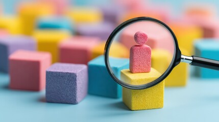 Colorful Playful Blocks with Magnifying Glass Focusing on Pink Figure in Creative Background
