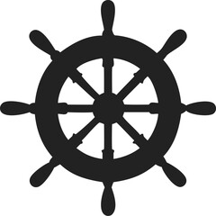 Obraz premium Simple Black Silhouette of Ship’s Steering Wheel with Eight Spokes, Central Hub, and Paddle-Like Extensions – Nautical Navigation Symbol Representing Maritime Activities and Ocean Travel