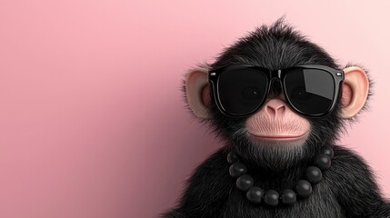 A stylish monkey wearing sunglasses and a necklace poses against a pink background, exuding a playful and trendy vibe.