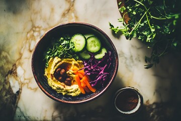 Pre-packed salad with hummus, cucumbers, carrots, and cumin.