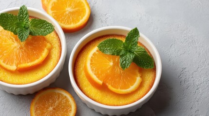 Delicious orange flan with fresh mint in white ramekins on gray background.