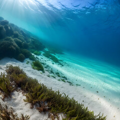 Fototapeta premium Sunlight streams into the turquoise depths, illuminating a sandy seabed dotted with seaweed and a dark, rocky reef
