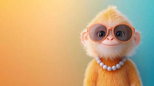 A cute, animated monkey wearing sunglasses and a pearl necklace, set against a vibrant gradient background.