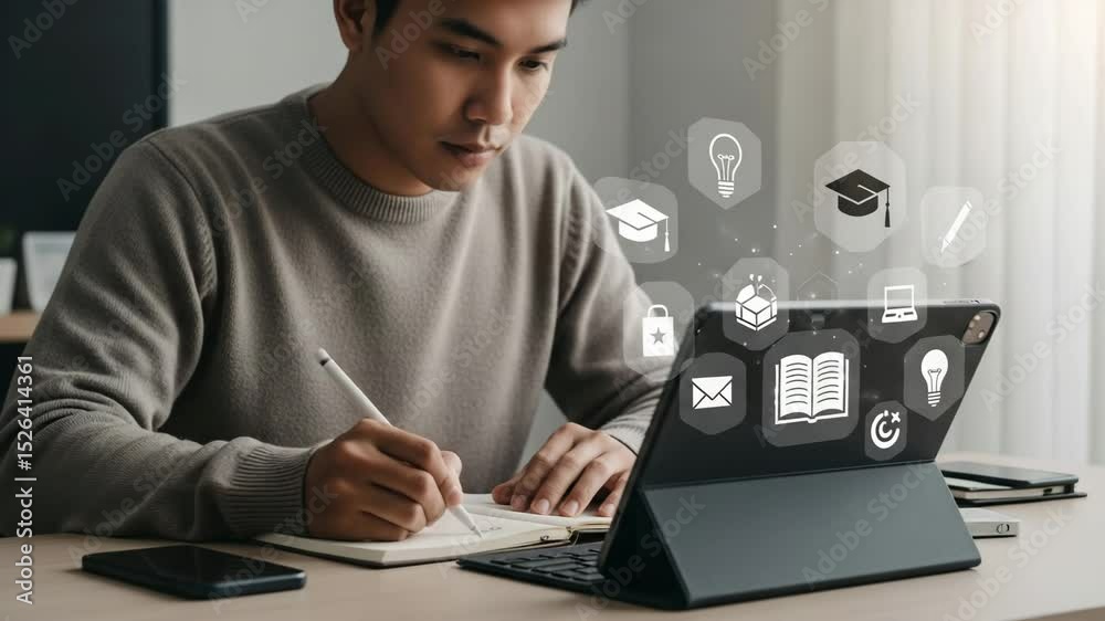 Poster Man studies with tablet and writes in notebook with education icons hovering above the screen display