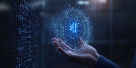 Fototapeta premium A businessman's hand holding a digital circle with an artificial intelligence icon and cloud technology in a futuristic style, an AI logo on the screen background, in a dark blue color tone