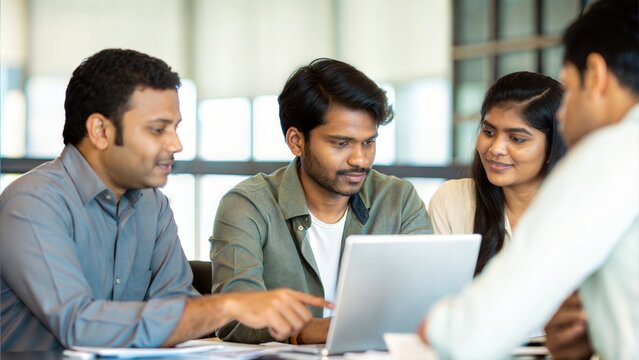 Diverse Indian team building business strategy with charts and laptops in a professional office
