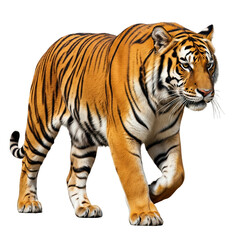 Obraz premium a Bengal tiger walking, orange coat with black stripes, muscular build and intense expression, fully visible in frame, isolated on a transparent background