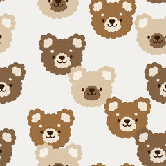 Cute beige and brown hand-drawn teddy bears with curly fluffy texture on a neutral pastel background, boy and girl seamless pattern.