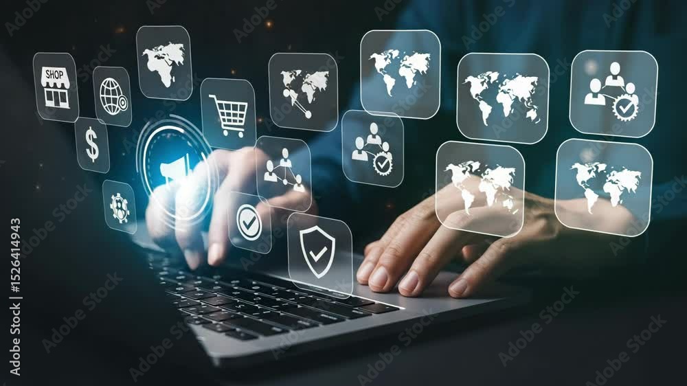 Poster Man using laptop with floating e commerce icons and glowing interface elements on a dark background