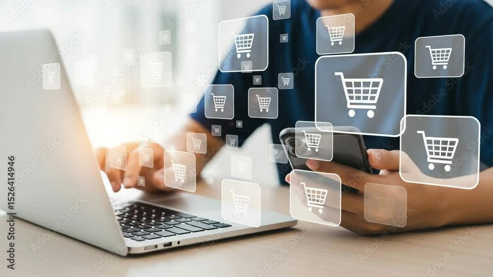 Poster man using laptop and smartphone for online shopping surrounded by shopping cart icons overlaying
