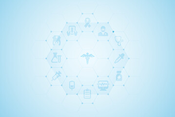 Abstract medical background with flat icons in hexagons. Design for science, medicine or technology, innovation medicine, health