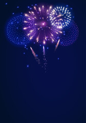 Vector shiny fireworks explosions. Pink, white and blue firecrackers. Holiday decoration for 4th of July, Christmas and New year party. Festive background for birthday invitations, wedding, diwali.
