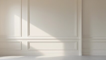 Fototapeta premium Blank white wall with modern moldings, neutral tone, no objects or sunlight